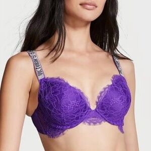 Victoria Secret Bombshell Lace Shine Strap Push Up Bra in Purple